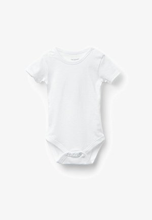 Bodysuit blanc à manches courtes en coton. Il dispose d'un col rond et de pressions à l'entrejambe pour un habillage et un déshabillage faciles.
