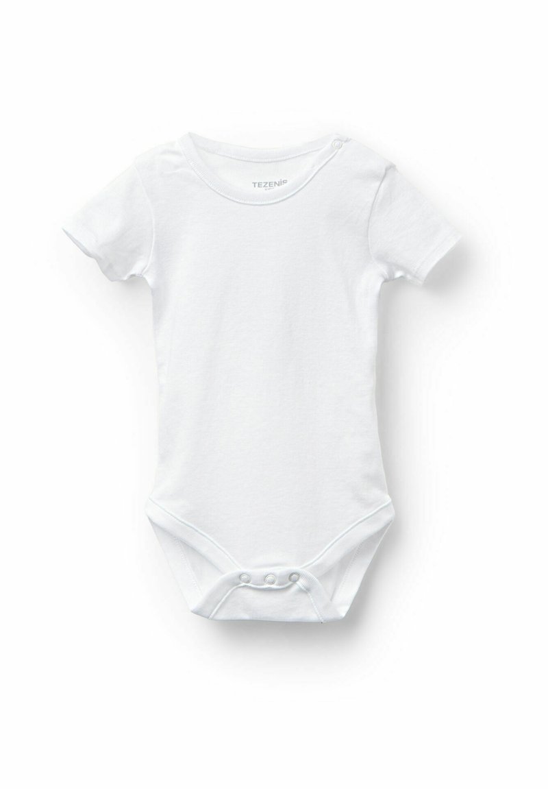 Bílý krátký rukáv bodysuit vyrobený z bavlny. Má kulatý výstřih a patentky ve spodní části pro snadné oblékání a svlékání.