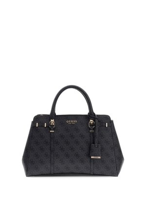 Schwarze Guess-Handtasche mit Monogramm-Muster, doppelten Griffen, goldfarbenen Beschlägen und einem kleinen angebrachtem Etikett mit dem Guess-Logo.