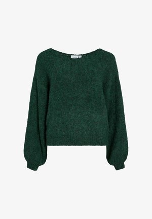 Dunkelgrüner, gestrickter Pullover mit weitem Ausschnitt, langen Ballonärmeln und cropped Saum. Weiche Textur mit einem leicht flauschigen Finish.