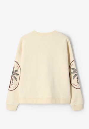 Cream long-sleeve sweatshirt with round neck and embroidered palm tree designs on both elbows.
