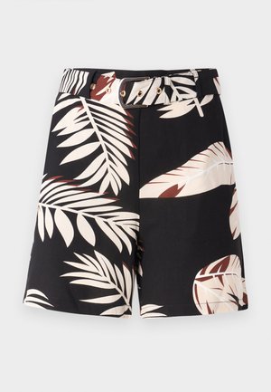 Black shorts with a tropical leaf pattern in beige and rust colors. Features a matching belt with gold hardware and a classic cut.