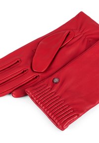 Red leather gloves featuring a soft texture, gathered wrist detail, and a button accent for secure closure. Left glove partially layered over right.