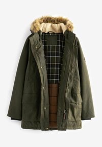 Olivově zelená parka s kapucí z umělé kožešiny, kostkovaným vnitřkem, zipem a knoflíkovými uzávěry a velkými předními kapsami.