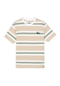 Camiseta de rayas en beige, blanco y verde. Mangas cortas, cuello redondo, con un pequeño detalle de logo negro. Tela de algodón de textura suave.