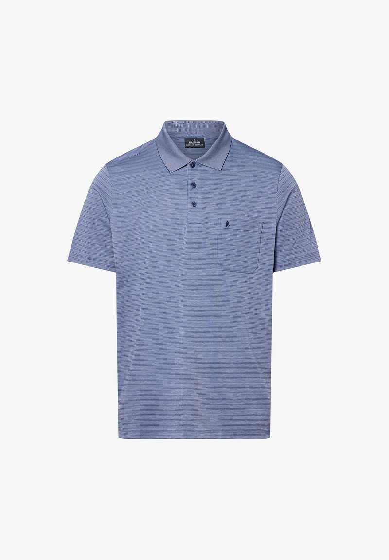 Blau gestreiftes Poloshirt aus weichem Stoff. Verfügt über einen Kragen, drei Knöpfe und eine Brusttasche mit einem kleinen Logodetail.