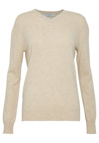 Beige kašmírový svetr s výstřihem do V, dlouhými rukávy, žebrovanými manžetami a lemem, hladkým povrchem a jemným vzhledem.