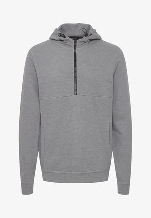 Szürke kapucnis pulóver puha bolyhos anyagból, félig cipzárral elöl és állítható zsinórral. Bordázott mandzsettákkal és alsó résszel rendelkezik.