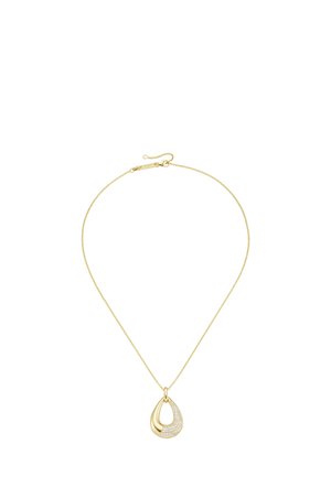 Gold necklace featuring a teardrop pendant, textured with a smooth finish on one side and sparkling stones on the other. Chain is delicate.