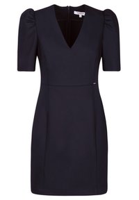 Navykleid mit tiefem V-Ausschnitt, kurzen Puffärmeln und figurbetontem Schnitt. Reißverschluss hinten und ein dezenter Logoakzent an der Taille.