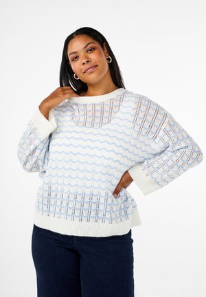 Light blue and white knitted sweater with wave patterns and a loose fit. Features long sleeves and a wide neckline. Textured open weave.