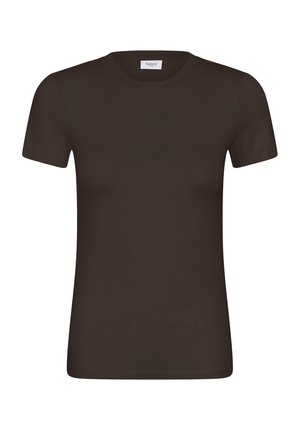 Plain dark brown short-sleeve crew neck T-shirt with crew neckline and no visible patterns or logos.