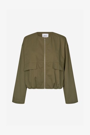 Cropped, olive green jacket made from a lightweight fabric. Features a front zipper, two chest pockets, and elasticized hem.
