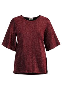 Top corto de manga corta rojo brillante con escote redondo. Tejido suave y texturizado con un corte holgado y abertura en los laterales para mayor comodidad.