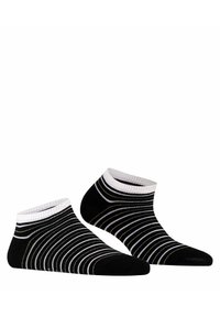 Schwarze Knöchelsocken mit weißen und goldenen horizontalen Streifen. Verfügt über einen gerippten weißen Bund und eine glatte Textur. Maschinenwaschbarer Stoff.