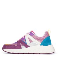 Multicolored sneaker featuring purple suede, mesh upper, silver accents, and a cushioned white sole. Notable pink laces and a yellow heel tab.