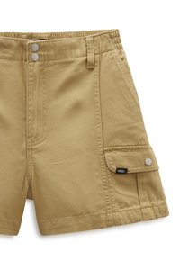 Pantaloni corti beige in cotone, con vita elastica, due bottoni a pressione argentati e una tasca laterale con etichetta del logo.