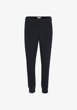 Navy trousers with a slim fit, featuring a flat front, side pockets, and zippered ankle cuffs. Made from a smooth, stretchy fabric.