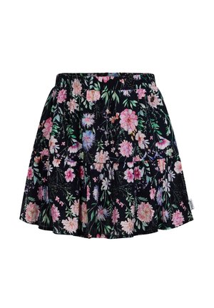Gonna nera a fiori con orlo arricciato, vita elastica e una varietà di fiori e foglie colorati in tonalità di rosa e verde.