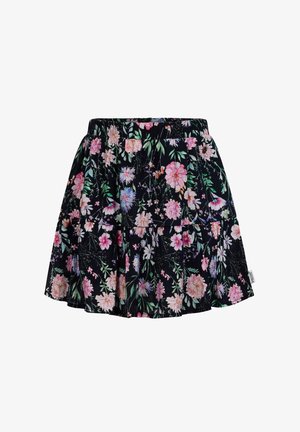 Zwarte bloemenrok met een gerimpelde zoom, elastische tailleband en een verscheidenheid aan kleurrijke bloemen en bladeren in tinten van roze en groen.