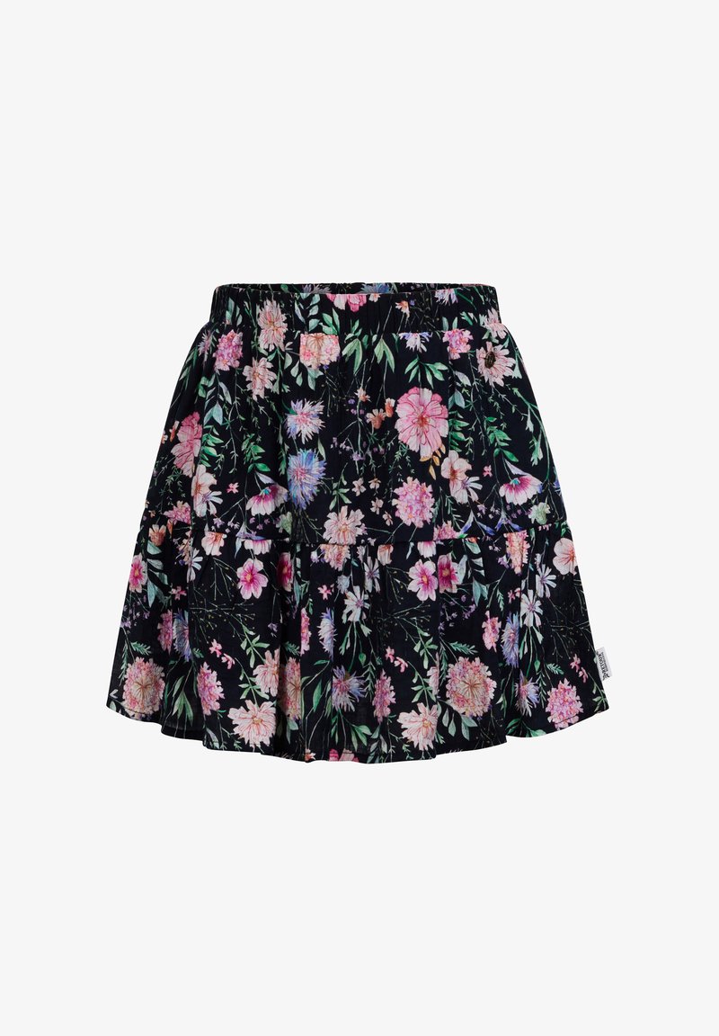 Schwarzer Blumenrock mit gerafftem Saum, elastischem Bund und einer Vielzahl von bunten Blumen und Blättern in Rosa- und Grüntönen.