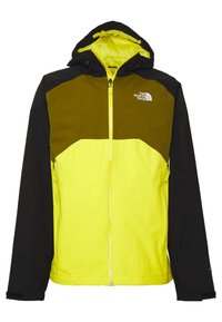 Giacca con cappuccio e chiusura con zip, caratterizzata da un corpo giallo, un pannello superiore verde scuro e maniche nere. Tessuto testurizzato con dettagli del logo.