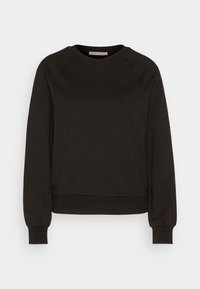 Felpa nera realizzata in tessuto morbido, con collo rotondo, maniche lunghe a raglan e orlo a coste. Design semplice senza pattern visibili.