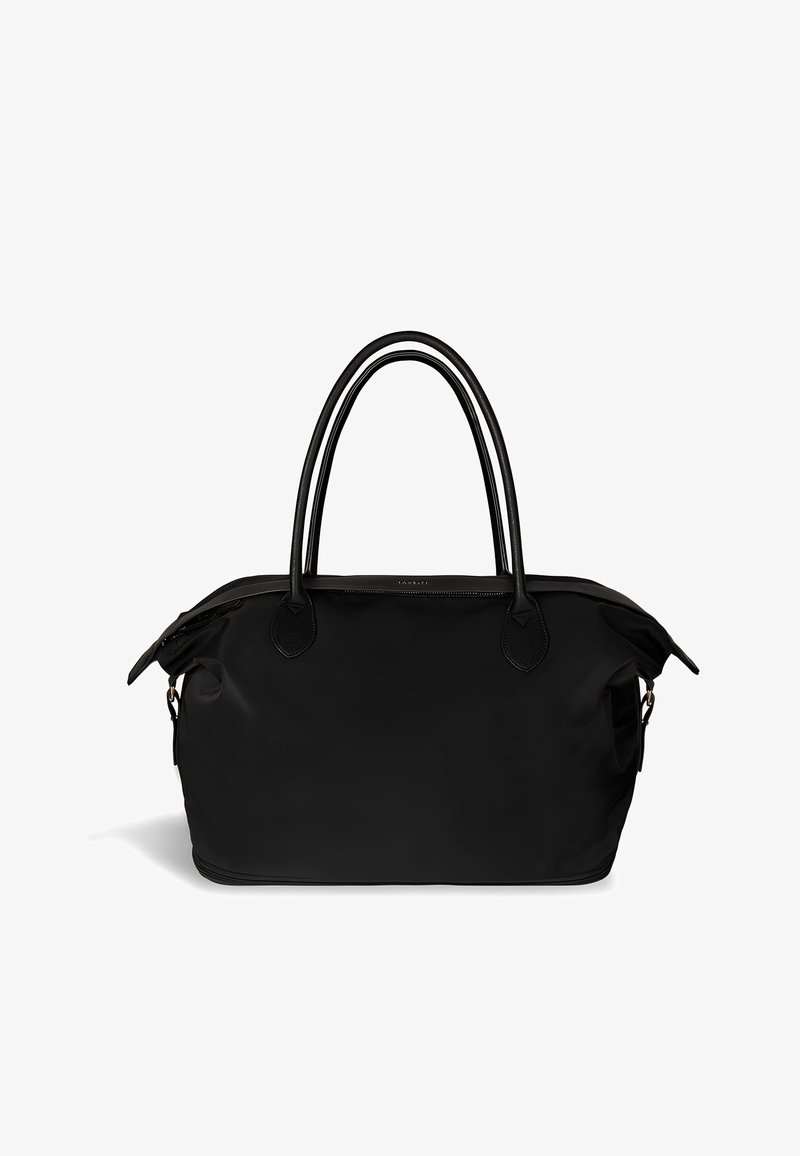 Schwarze Leder- und Stofftasche mit doppelten Griffen und Reißverschluss, entworfen zum Tragen persönlicher Gegenstände.