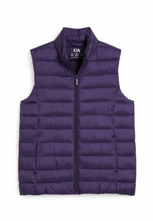 Veste matelassée violette sans manches avec fermeture éclair frontale et col montant, présentée sur un fond blanc.