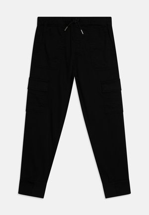 Black cargo pants with elastic waistband, adjustable drawstring, and multiple side pockets. Features tapered legs and a soft fabric texture.