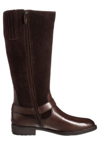 Bota de cuero marrón oscuro hasta la rodilla con cremallera lateral, parte inferior de cuero y parte superior de ante, con costuras decorativas y un tacón bajo.