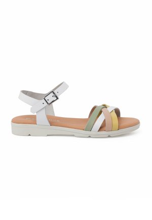 Riemchensandalen mit einem weißen Synthetik-Obermaterial, ausgestattet mit pastellgrünen, rosa und gelben Bändern. Verstellbarer Knöchelriemen und gepolsterte Innensohle.