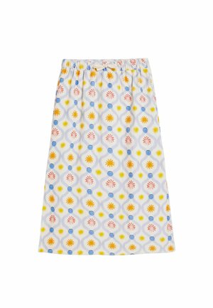 Baumwollrock mit hellblauem Hintergrund und einem wiederholenden Muster aus Blumen und geometrischen Formen in Rosa-, Gelb- und Blautönen.
