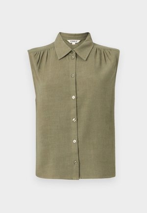 Blouse sans manches vert olive avec boutons, col pointu et légères fronces aux épaules, confectionnée dans un tissu léger.