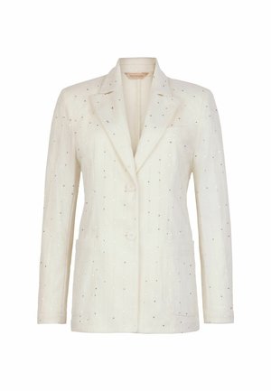 Vit blazer med vertikala nålrandiga mönster, dekorerad med små silverpaljetter. Har två framfickor och ett snedskuren slag. Knapplåsning.