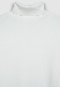 Maglione bianco a collo alto, realizzato in morbido tessuto a maglia, presenta un colletto alto e una texture liscia senza motivi o dettagli hardware visibili.