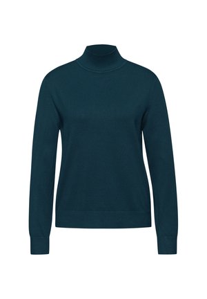 Maglione a collo alto a maniche lunghe color verde scuro con colletto, polsini e orlo a coste, esposto su uno sfondo bianco semplice.