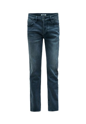Dark blue denim jeans with a straight fit, featuring five pockets, a belt loop waistband, and a zip fly with a button closure.