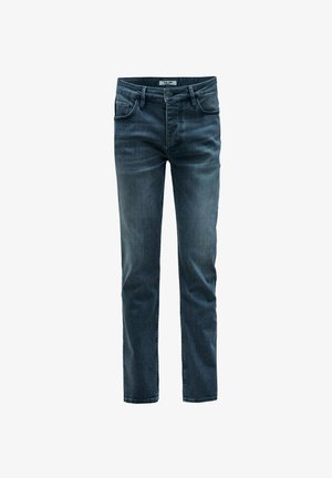 Dark blue denim jeans with a straight fit, featuring five pockets, a belt loop waistband, and a zip fly with a button closure.