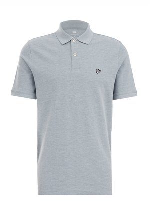 Polo shirt in grigio chiaro, realizzato in cotone morbido. Presenta un colletto classico, una chiusura con due bottoni, maniche corte e un piccolo logo ricamato in nero.