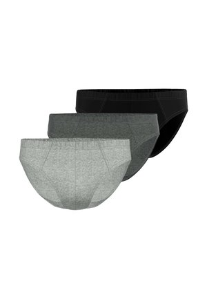 Three pairs of men's briefs in varying shades: dark gray, light gray, and black. Made from a soft, stretchy fabric with elastic waistbands.