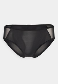 Black bikini brief made from sheer material with solid edges. Features a classic cut and smooth texture; minimalist design without patterns.