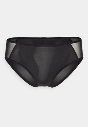 Brief bikini neri realizzati in materiale trasparente con bordi solidi. Caratterizzati da un taglio classico e una texture liscia; design minimalista senza motivi.