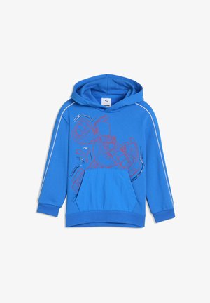 Blauwe kinderhoodie met voorzak, witte biezen op de mouwen en een rode grafische lijntekening van een robot aan de voorkant.