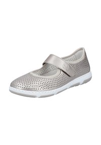 Silver perforated shoe with a velcro strap, rounded toe, white sole, and stitched detailing. Lightweight and breathable design.