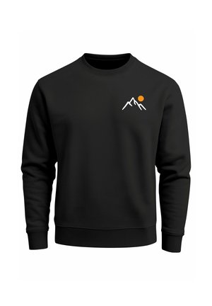 Black sweatshirt made of cotton blend. Features a crew neckline, long sleeves, and a front design with white mountains and an orange sun.
