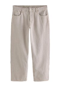 Jean beige à jambes larges en tissu texturé, avec une fermeture à bouton, cinq poches et de fines rayures verticales.