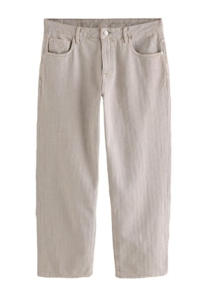 Jean beige à jambes larges en tissu texturé, avec une fermeture à bouton, cinq poches et de fines rayures verticales.