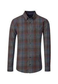 Herren Langarmhemd mit Knopfleiste im navy, orange und weißen Karomuster sowie einer Brusttasche.