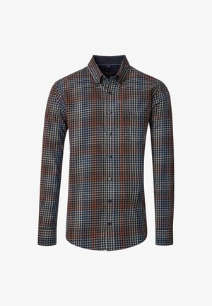 Herren Langarmhemd mit Knopfleiste im navy, orange und weißen Karomuster sowie einer Brusttasche.